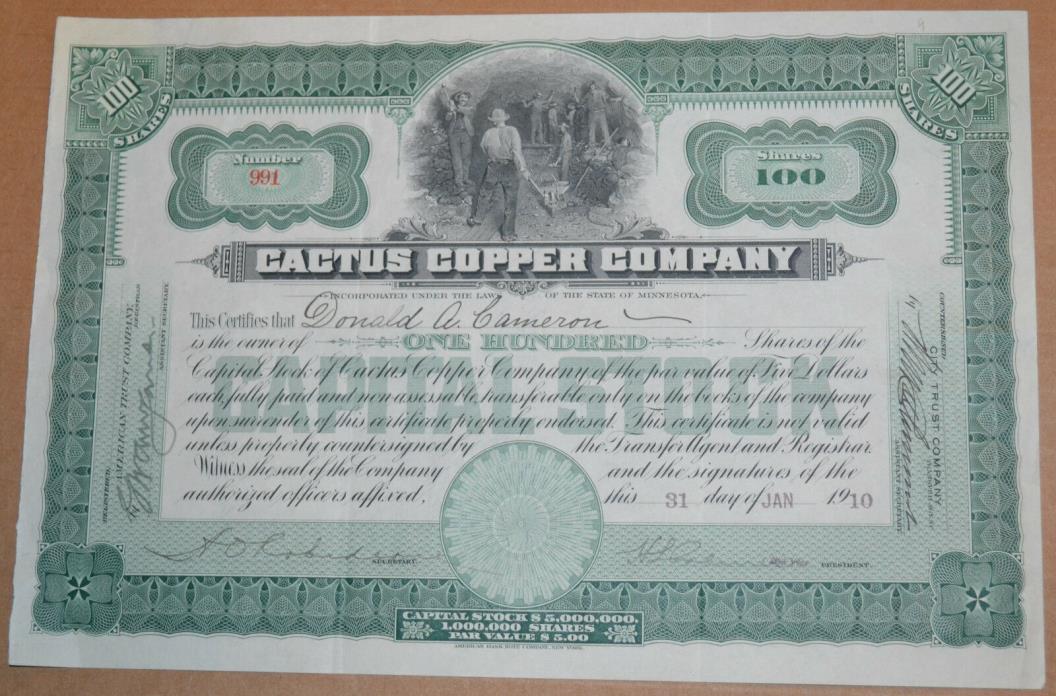Cactus Copper Company 1910 antique stock certificate