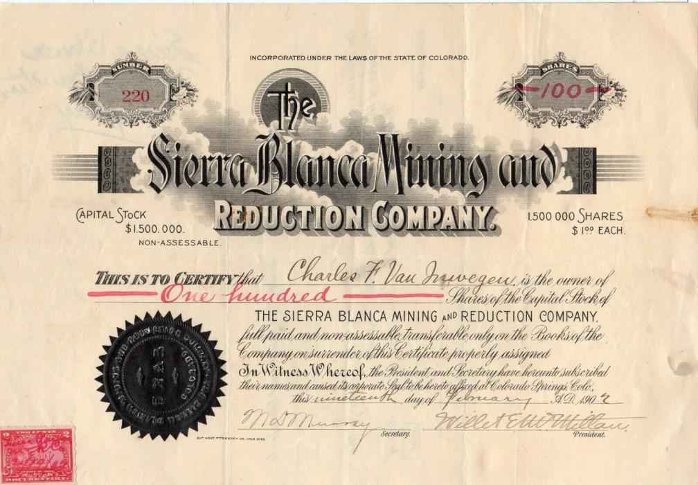 Sierra Blanca Mining and Reduction of Colorado Springs CO 1902 Stock Certificate