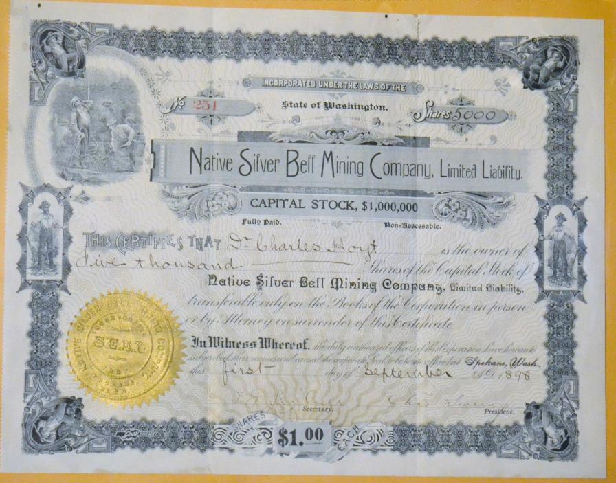 Native Silver Bell Mining Company 1898 antique stock certificate