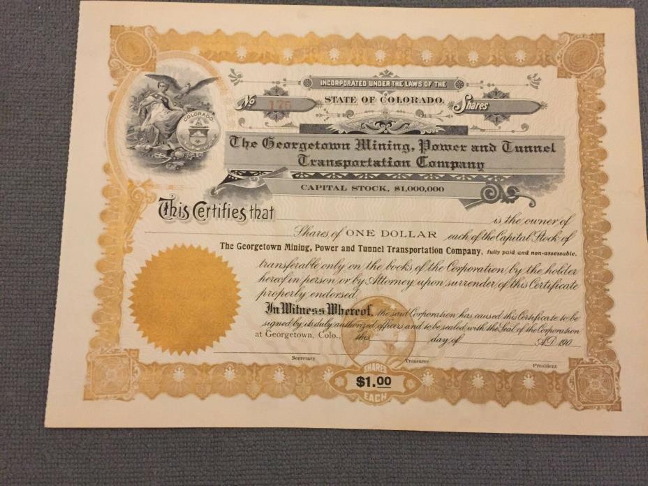 Antique Mining Stock Certificate GEORGETOWN MINING POWER TUNNEL TRANSPORTATION
