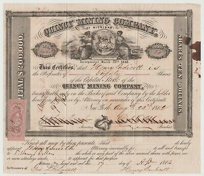 1862 Quincy Mining Company Stock Certificate Michigan