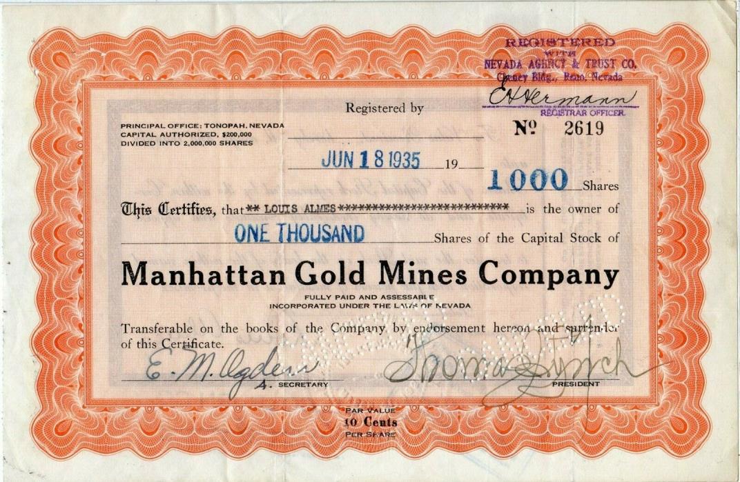Manhattan Gold Mines Company of  Tonopah, Nevada 1935 Stock Certificate