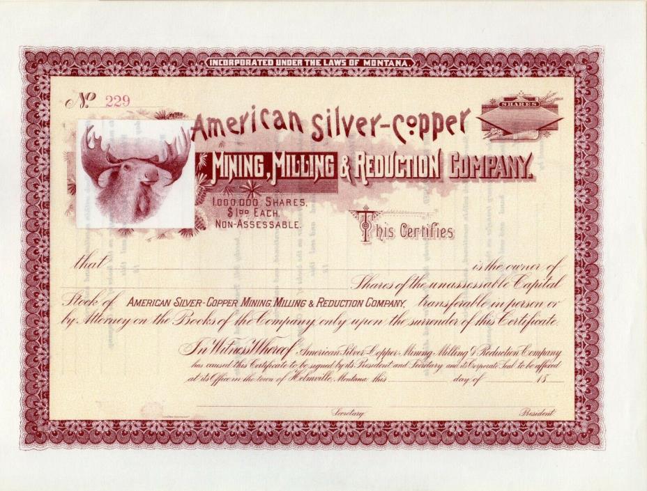 American Silver Copper Mining Milling & Reduction Co. - 18xx Stock Certificate