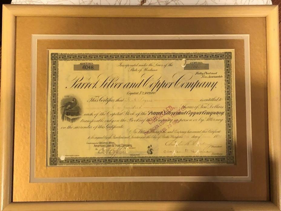 Vintage 100 Shares Parrot Silver & Copper Co. Stock Certificate 1899