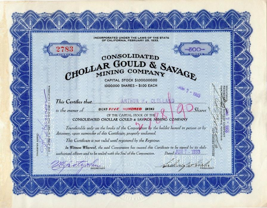 Consolidated Chollar Gould & Savage Mining of California 1933 Stock Certificate