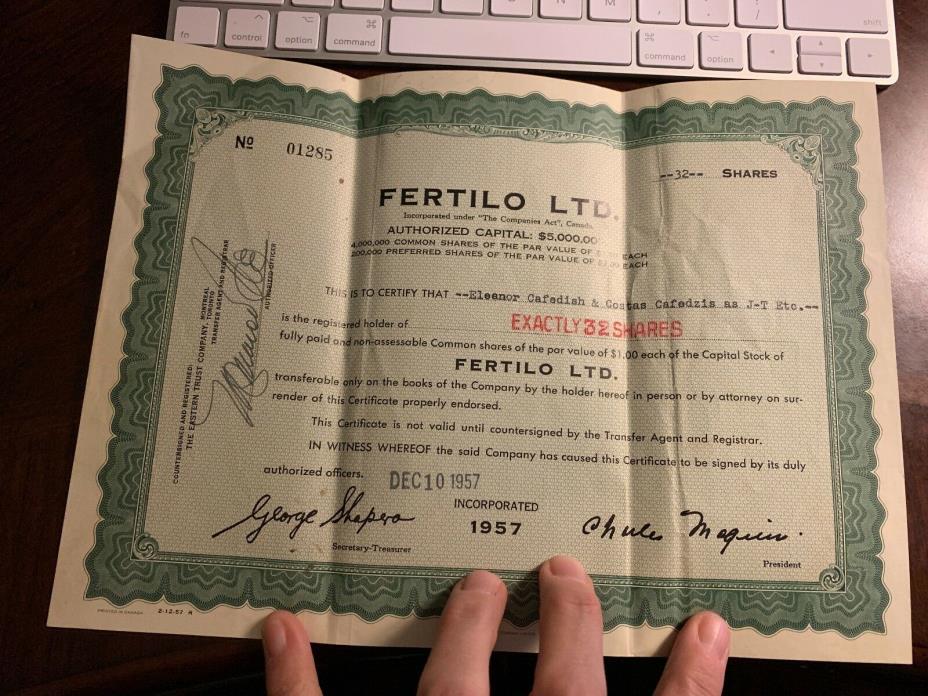 Fertilo LTD Stock Certificate Dec 10 1957
