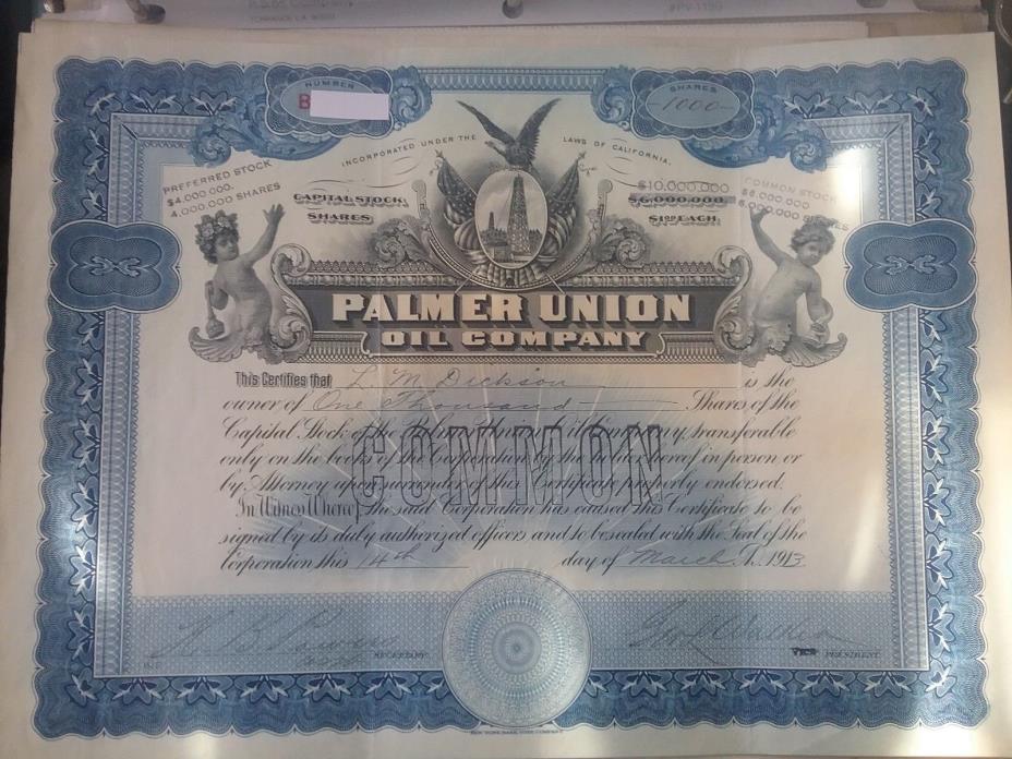 PALMER UNION OIL COMPANY STOCK.  UNCANCELLED CERTIFICATE BOND GOLD