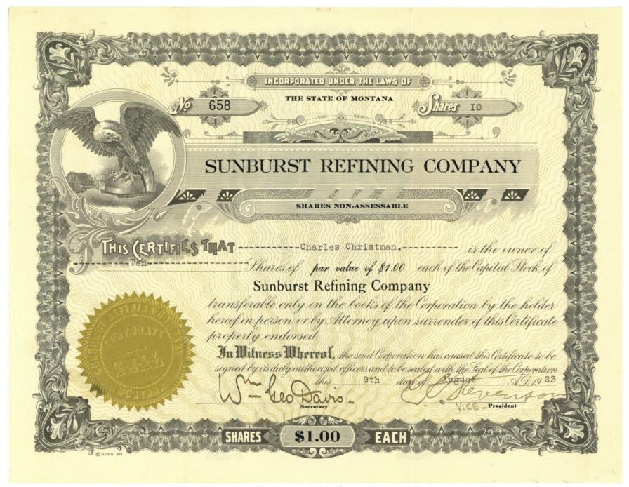Sunburst Refining Company. Stock Certificate. Montana. 1923