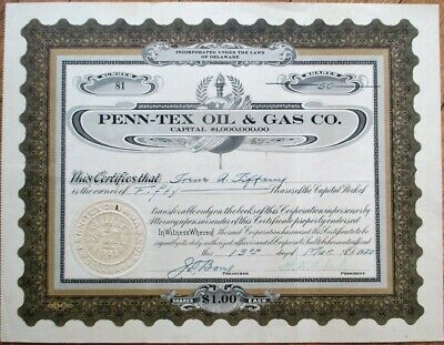 Penn-Tex Oil & Gas Co. 1920 Stock Certificate - Delaware
