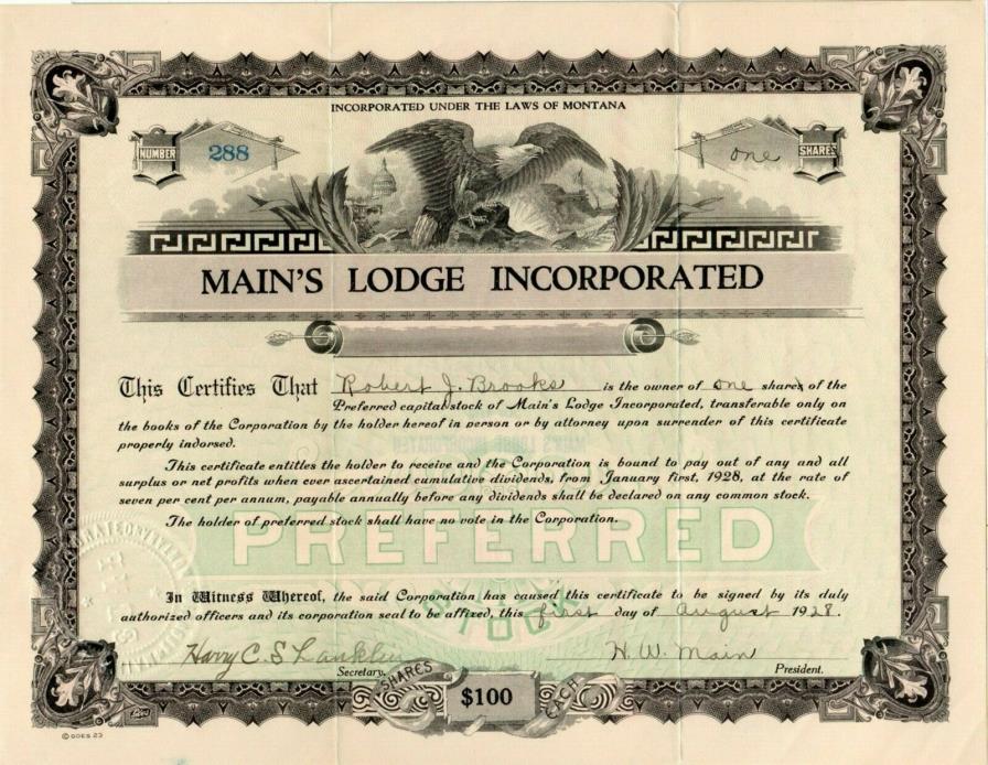 Main's Lodge Incorporated of Montana - 1928 Stock Certificate