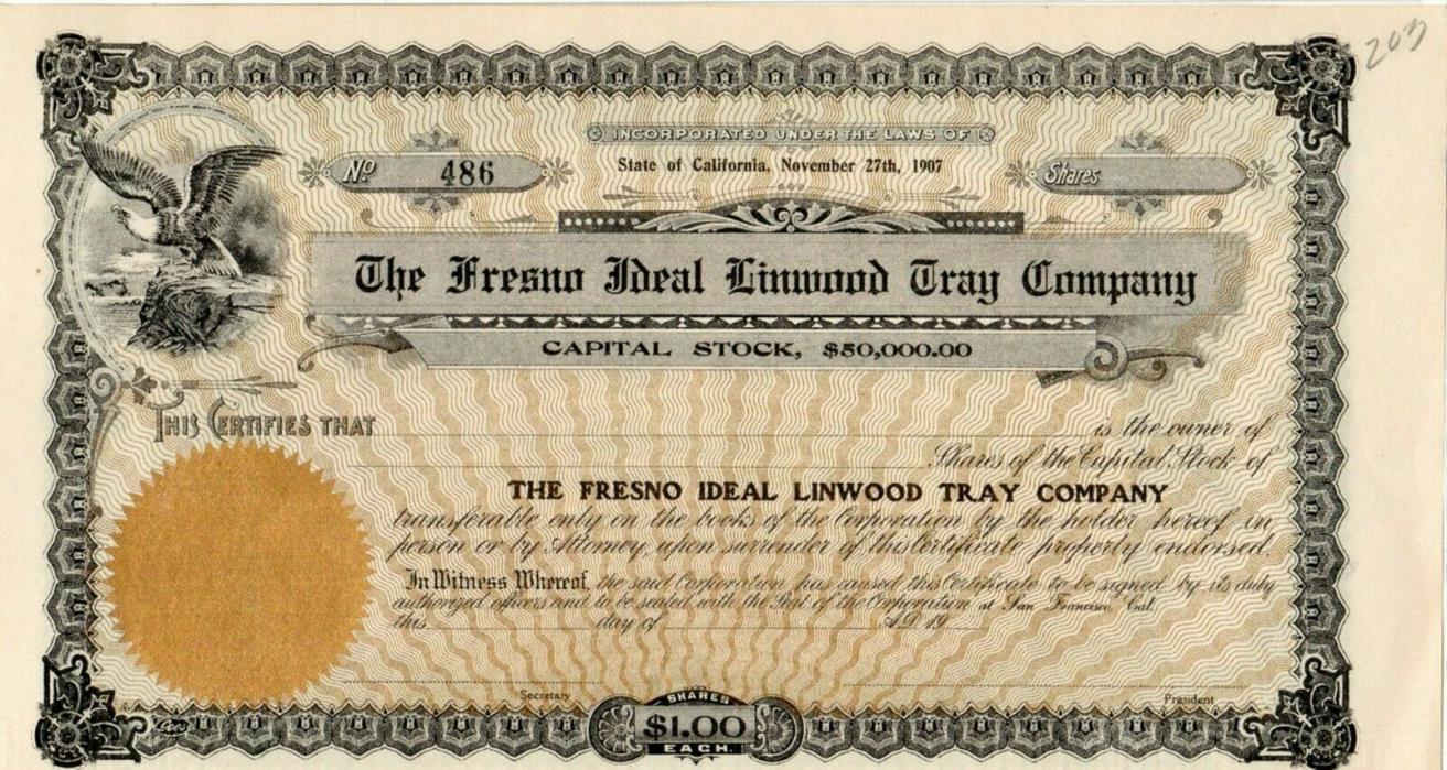 The Fresno Ideal Linwood Tray Company California 19xx unissued Stock Certificate