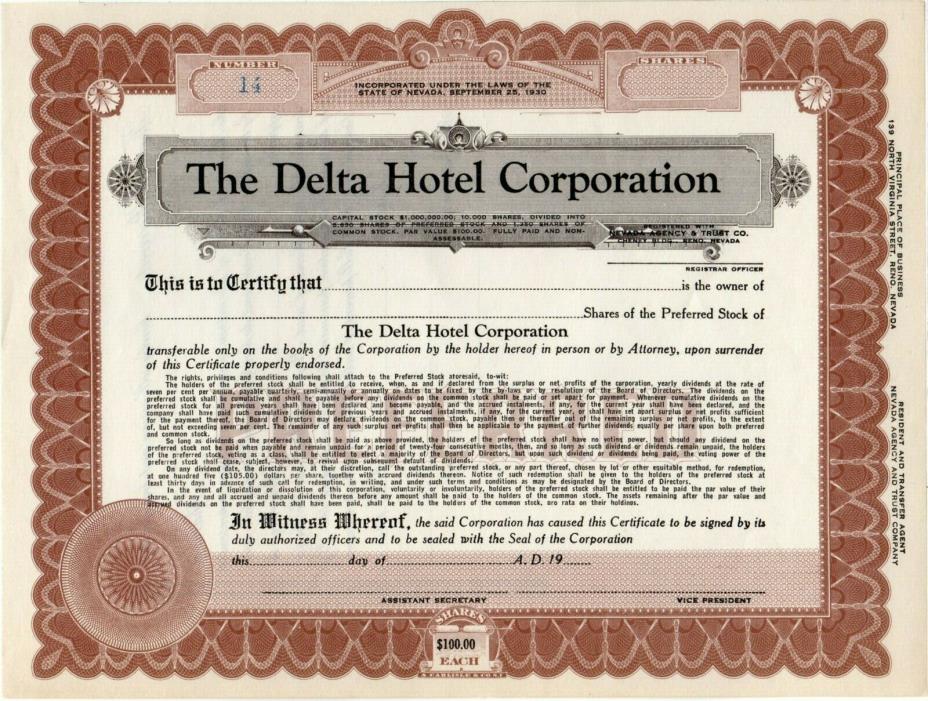 Delta Hotel Corporation of Reno, Nevada 19xx unissued Stock Certificate
