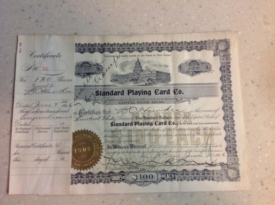 1906 Rare Stock Certificate Standard Playing Card Company