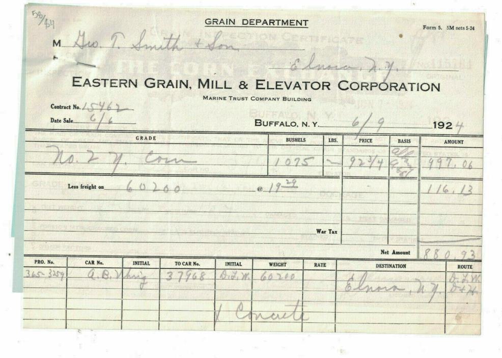 1924 E Grain Mill Elevator Corp Corn Exchange Inspec Weighmaster Cert Buffalo NY