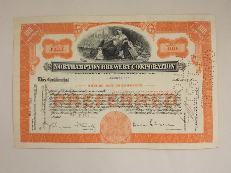 1936 antique NORTHAMPTON BREWERY CORP PREFERRED STOCK CERT pa AMBROSE FRY 100 sh