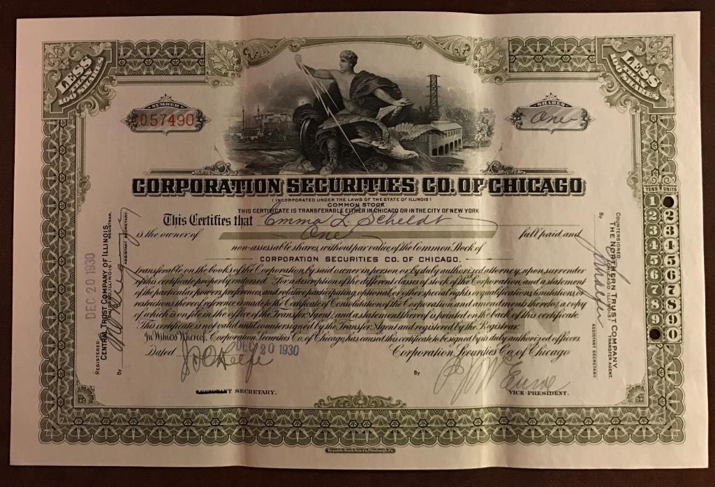 Corporation Securities Co. of Chicago Stock Certificate 1930