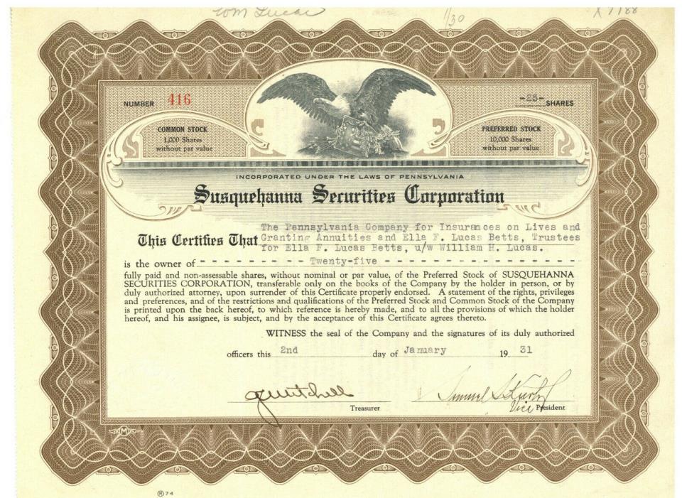 Susquehanna Securities Corporation. Pennsylvania. Stock Certificate. 1931