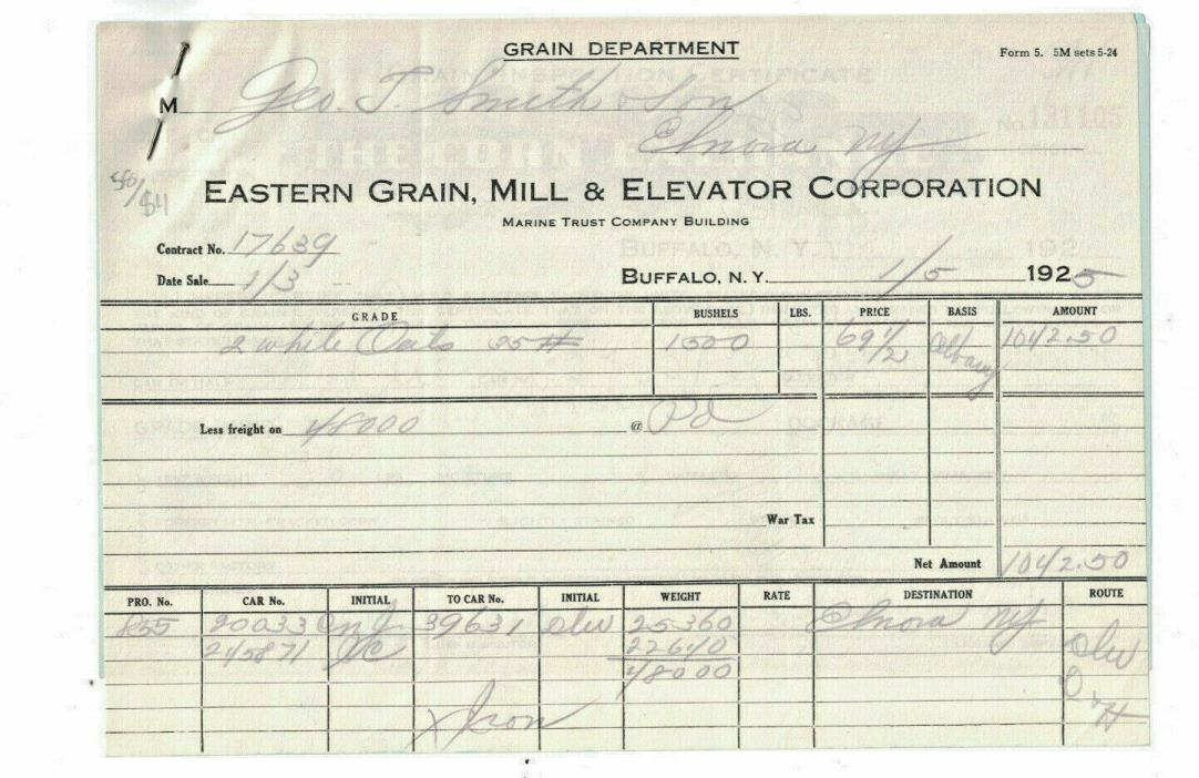 1925 E Grain Mill Elevator Corp Corn Exchange Inspec Weighmaster Cert Buffalo NY
