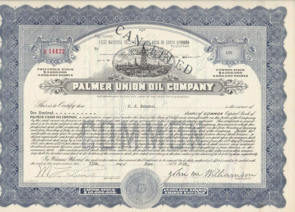 PALMER UNION OIL COMPANY...1928  COMMON STOCK CERTIFICATES Oil Rig
