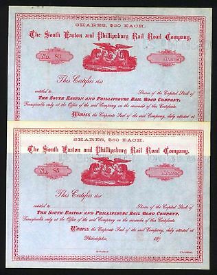 c1890 South Easton and Philadelphia Railroad Co - TWO Genuine stock certificates