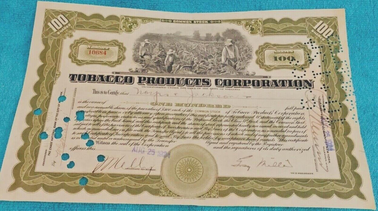 Vintage 1924 Tobacco Products Corporation Stock Certificate