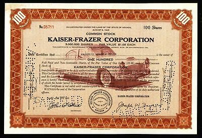 1946 Kaiser Frazer Automobile Corporation genuine stock certificate nevada brown