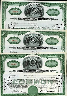 Erie Railroad Co - 3 stock certificate lot - dated early 1950's
