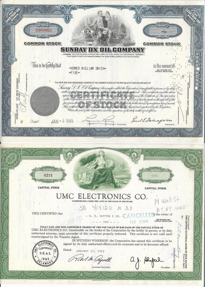 Stock Certificates Sunray DX Oil Co (1965), UMC Electronics Co (1968) - 10/21