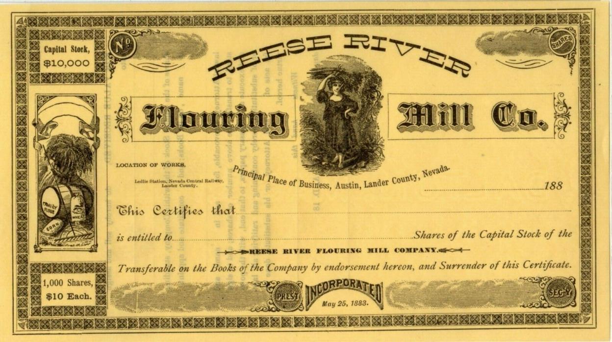 Reese River Flouring Mill of Austin, Nevada  188x unissued Stock Certificate