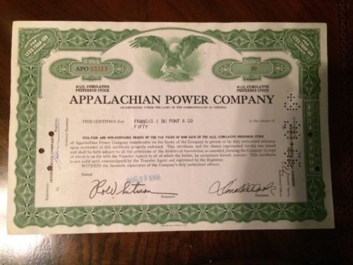 Appalachian Power Company (Virginia) stock certificate Francis I Du Pony & Co