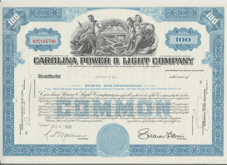 Carolina Power & Light Company Stock Certificate