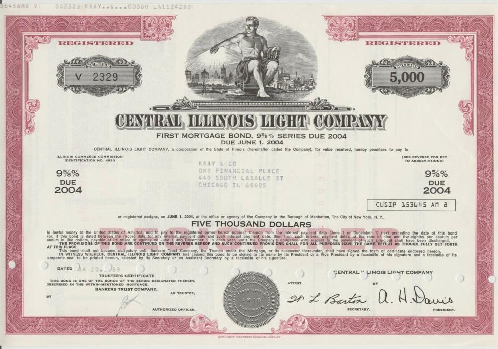 Central Illinois Light Company Stock Bond Certificate
