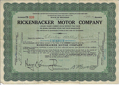 MICHIGAN 1925 Rickenbacker Motor Company Temporary Stock Certificate RARE ABN