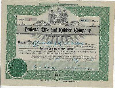 DELAWARE? 1914 National Tire and Rubber Company Stock Certificate #17
