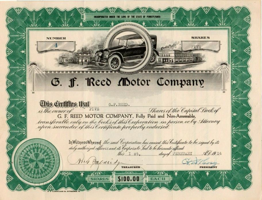 G. F. Reed Motor Company of New York 1924 Stock Certificate