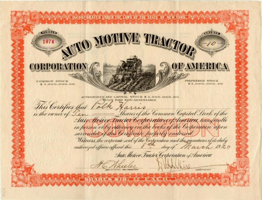 Auto Motive Tractor Corporation of America of New York 1920 Stock Certificate