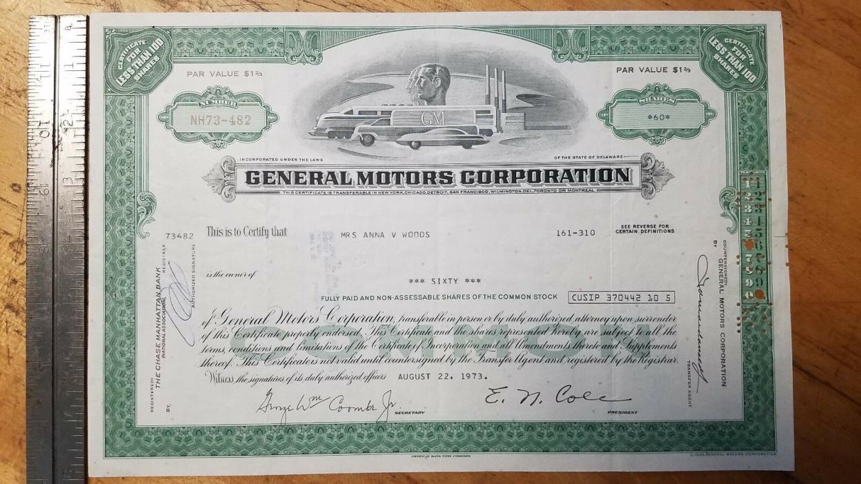 1973 General Motors Corporation Delaware Stock Certificate 60 Shares Par $1 2/3