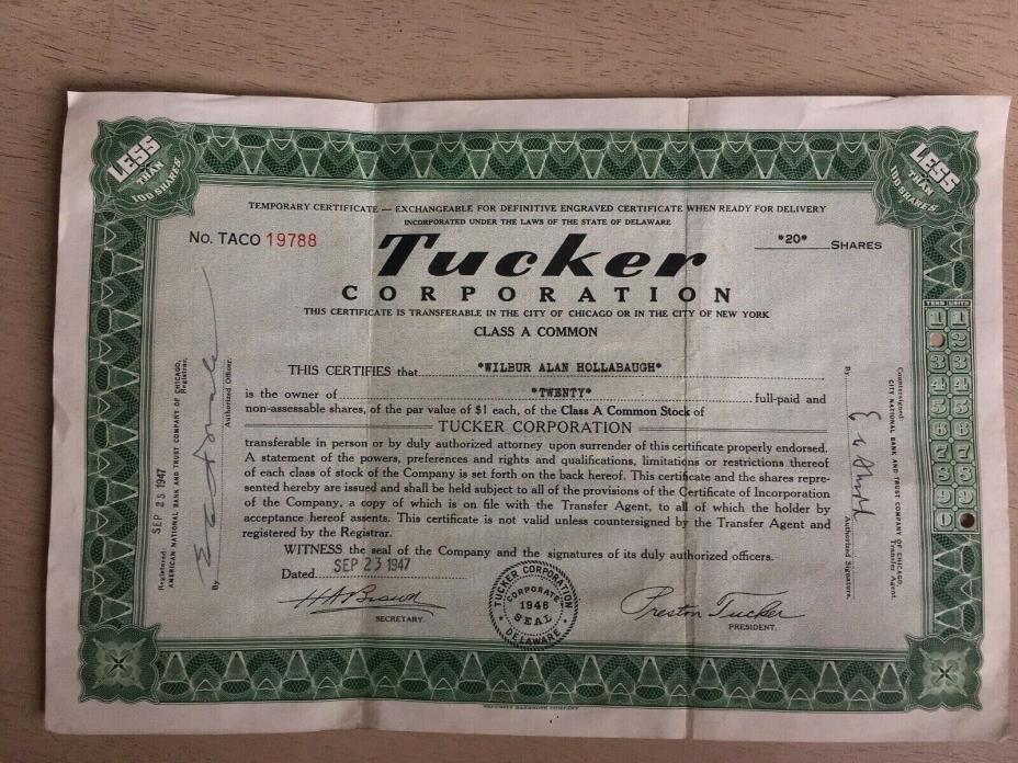 Tucker Corporation Stock Certificate