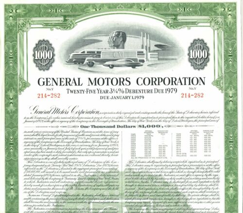 1954 GMC General Motors Corporation 3 1/2% 25-year Debenture $1,000 - stock bond