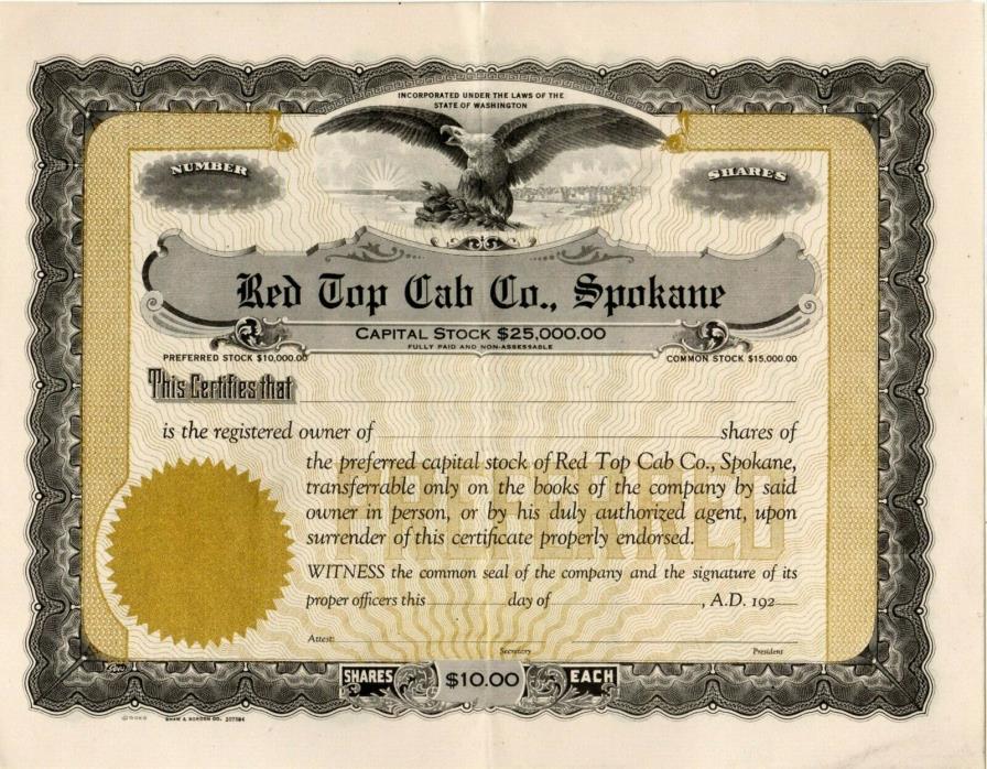 Red Top Cab Company Spokane of Washington 192x unissued Stock Certificate