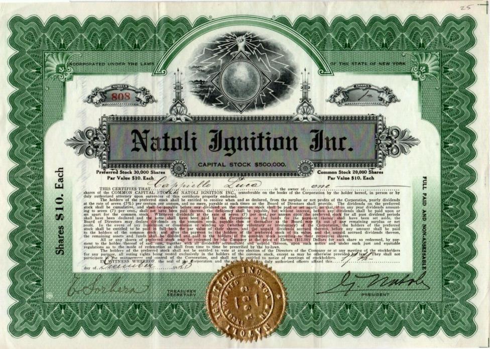 Natoli Ignition Incorporated of New York 1923 Stock Certificate