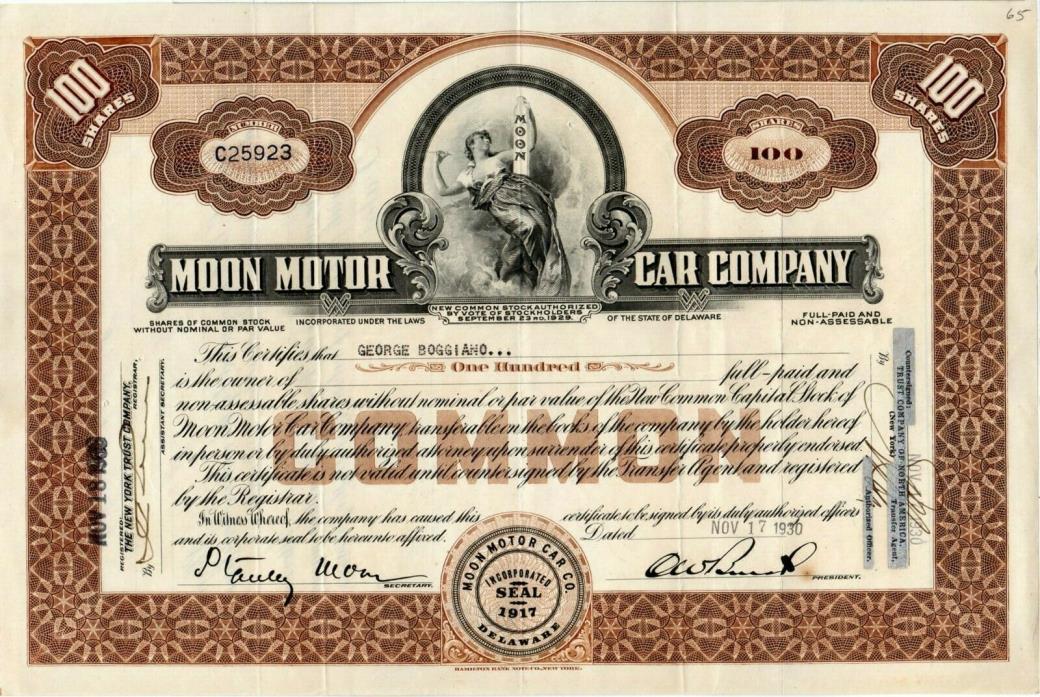 Moon Motor Car Company of St. Louis, Missouri 1930 Stock Certificate