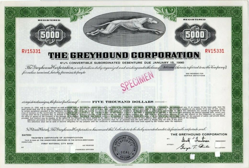 The Greyhound Corporation SPECIMEN $5000 Bond Certificate