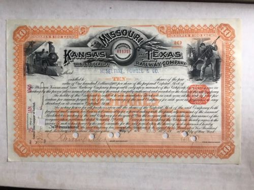 Missouri-Kansas-Texas MKT Railroad Preferred  Stock Certificate 1906 10 Shares