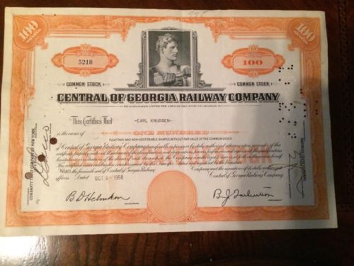 *MAKE OFFER* Central of Georgia Railway Company Stock Certificate - Earl Knudsen