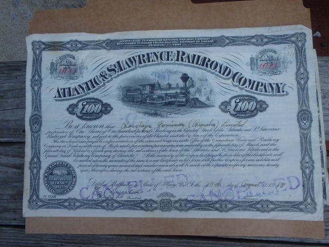 1938 Atlantic & St Lawrence Railroad Stock Certificate w/Some Coupons Attached