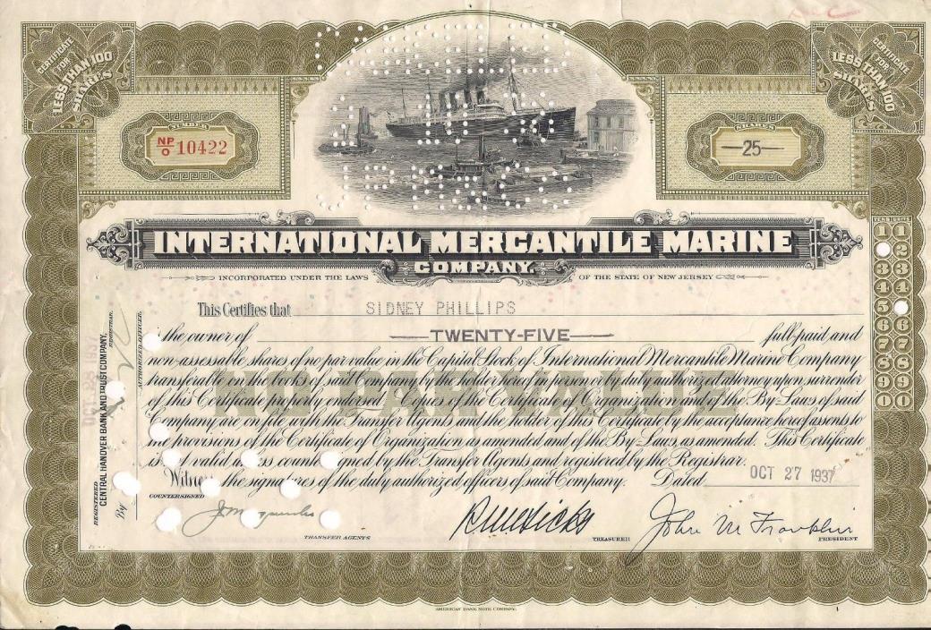 International Mercantile Marine stock certificate dated 1934 olive New Jersey