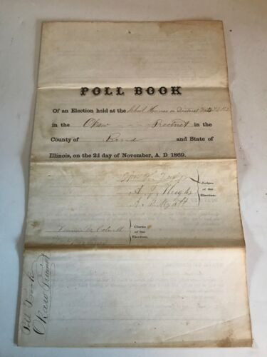 1869 Old Paper Poll Book School House District Bond County. 200+ Signatures