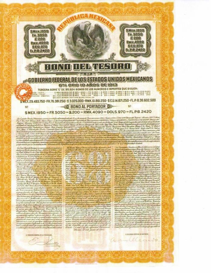 1913 Bono Del Tesoro de 1913 - Aka...Papaya Bond