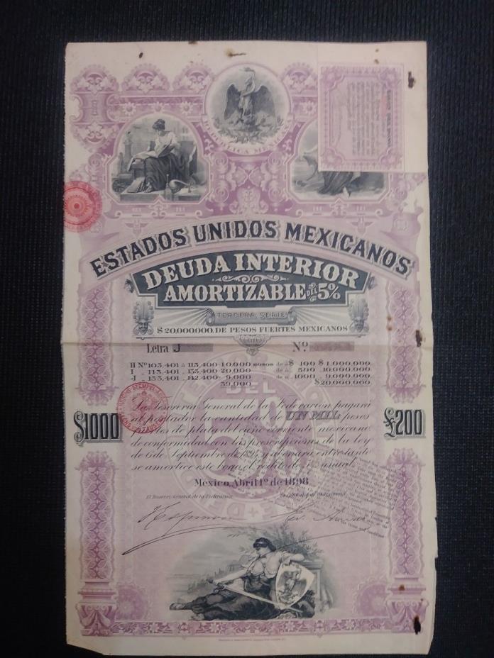 1898 Mexican Bond - Purple Lady Bond - Series J